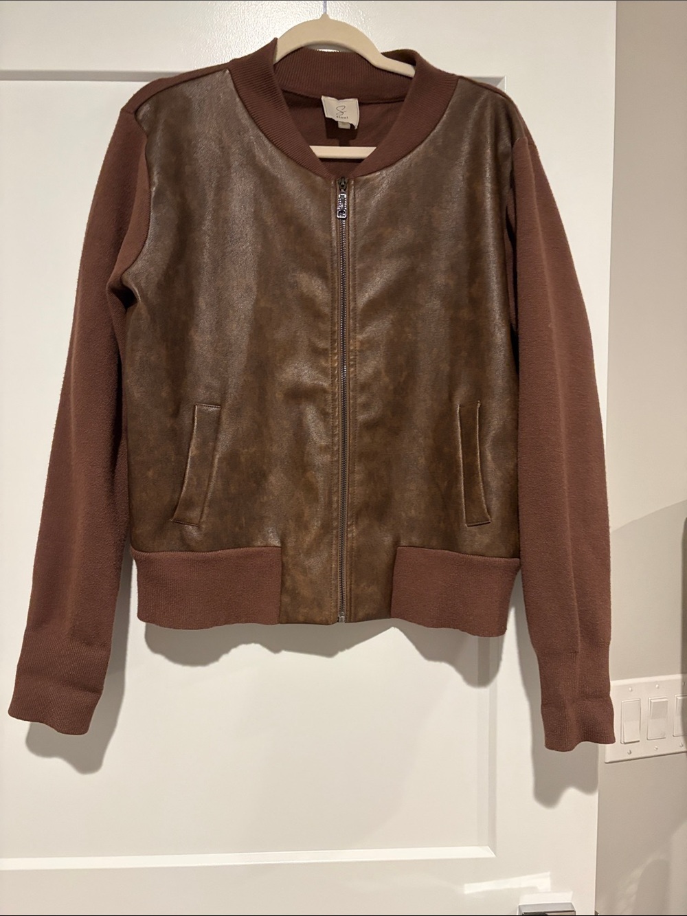 Sioni Brown Faux Leather Front Bomber Jacket